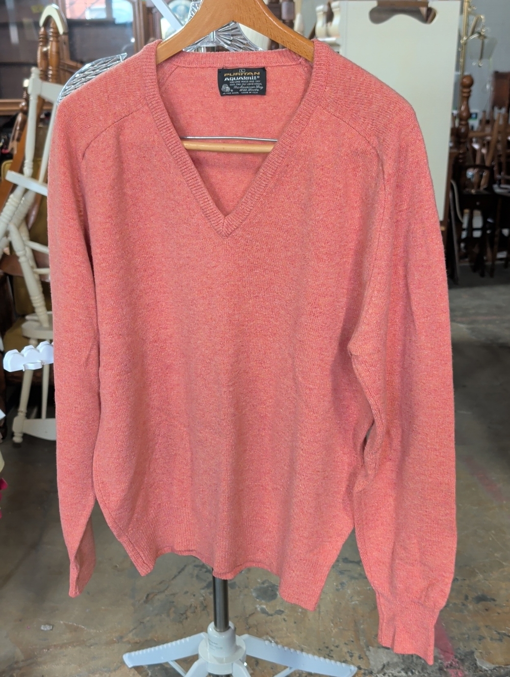 VTG 70s Puritan Aquaknit V-Neck Sweater 100% Lambswool Peach L No Pilling